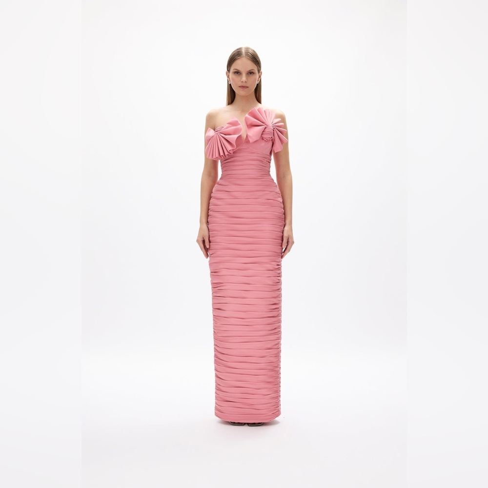Rachel Gilbert Jensen Pink Flower Appliqued Strapless Column Gown AU1/US4 NWT